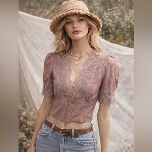 Zara Lace Trim Blouse Mauve Pink Cropped Top XS Boho Cottagecore